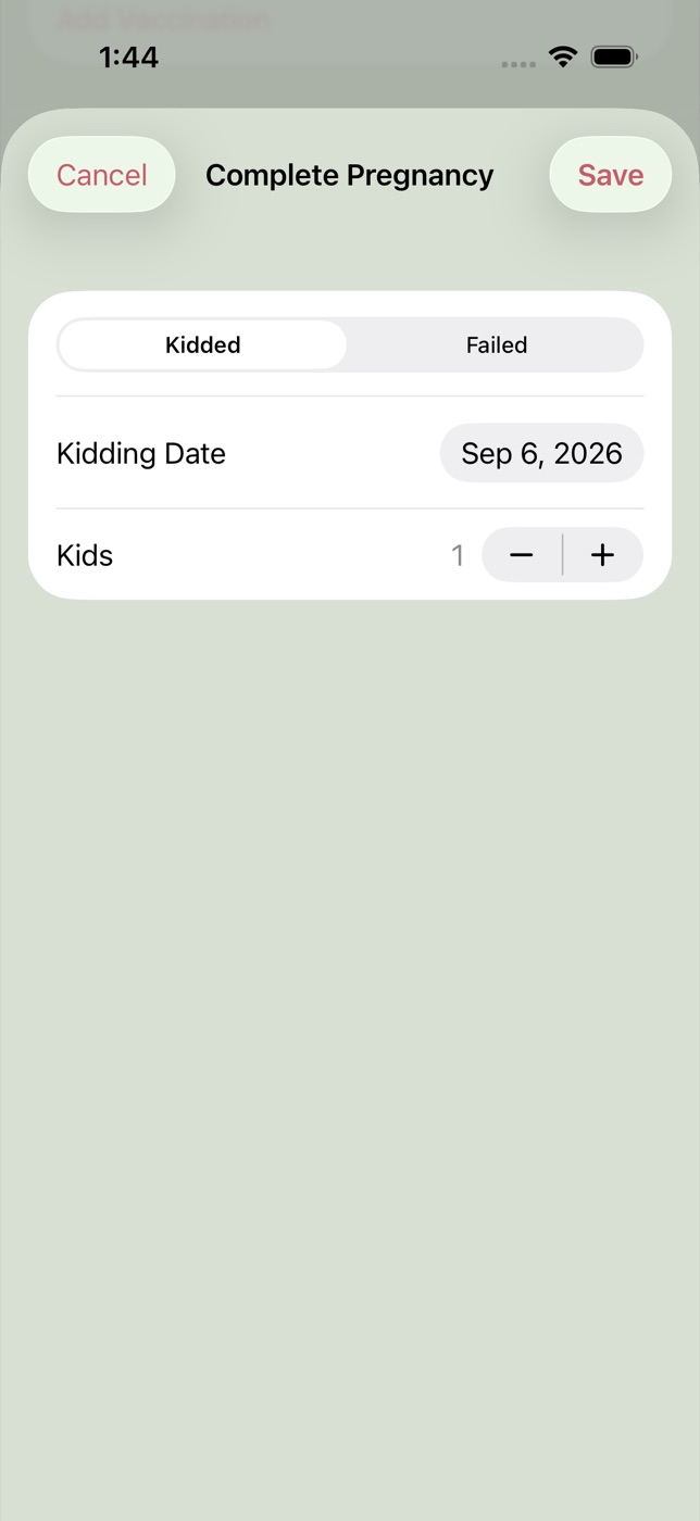 Complete pregnancy sheet with kidded outcome, kidding date, and kid count
