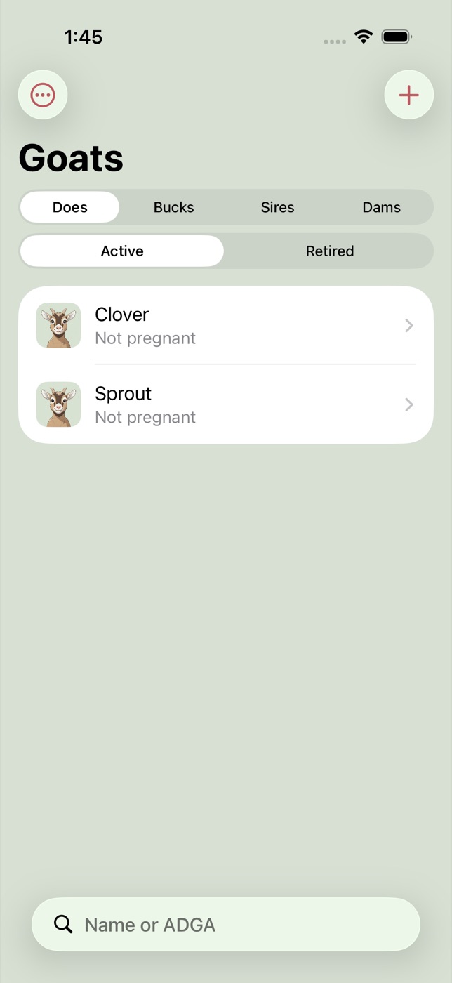 Herd list showing Clover and her kid Sprout with cartoon portraits